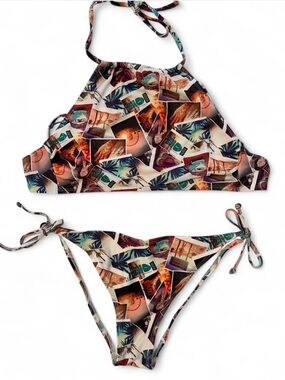 Tumblr‎ coachella festival Photo Collage Halter Tie-Side Bikini Polaroid SZ M